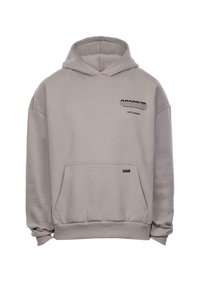 Sweat à capuche gris en tissu doux avec une poche avant. Présente un texte graphique noir sur la poitrine ainsi que des poignets et un ourlet côtelés.