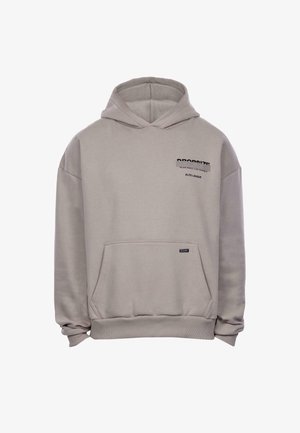 Gray hoodie made of soft fabric with a front pocket. Features a black graphic text on the chest and ribbed cuffs and hem.