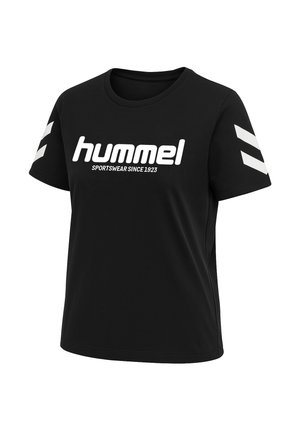 Czarna sportowa koszulka z krótkim rękawem. Posiada białe logo "hummel" i paski na rękawach. Wykonana z miękkiego, oddychającego materiału.