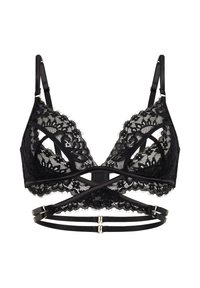 Zwarte kanten bralette met een driehoekige vorm, voorzien van een bloemenpatroon, verstelbare bandjes en gekruiste elastische banden met gouden accenten.
