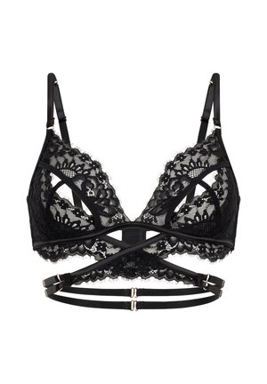 Schwarzer Spitzen-Bralette in triangulärer Form, mit floralem Muster, verstellbaren Trägern und gekreuzten elastischen Bändern mit goldenen Akzenten.