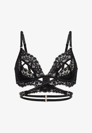 Zwarte kanten bralette met een driehoekige vorm, voorzien van een bloemenpatroon, verstelbare bandjes en gekruiste elastische banden met gouden accenten.
