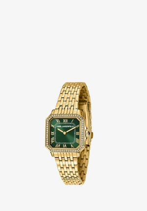Montre en métal doré avec cadran carré vert, chiffres romains, lunette en cristal et bracelet à maillons, marque Karl Lagerfeld.