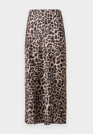 Løveprikket satengskjørt med høy liv, knelang silhuett, glinsende tekstur og en flytende design.