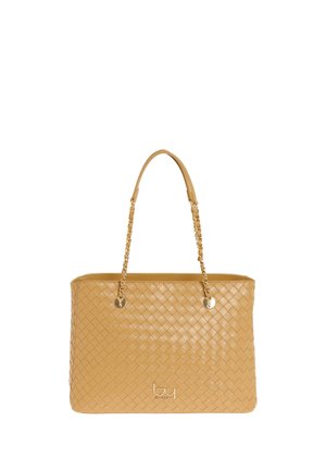 Borsa tote in pelle intrecciata color bronzo con manici a catena dorata e logo "by" sul davanti, forma rettangolare, design strutturato.