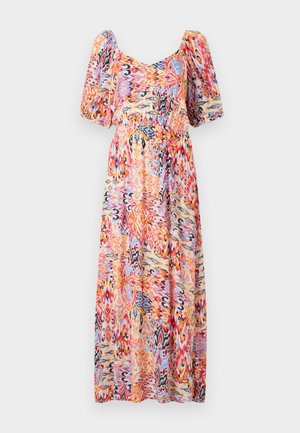 Rochie maxi cu decolteu rotunjit și mâneci bufante. Fabricată dintr-un material ușor, cu un model abstract colorat în nuanțe de roz, portocaliu și albastru.