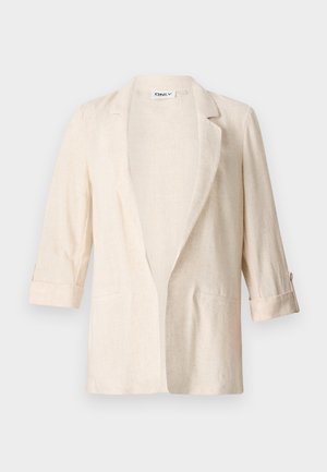 Φωτεινό μπεζ λινό σακάκι σε χαλαρή εφαρμογή, με καπιτονάκια, μανίκια τριών τετάρτων και δύο μπροστινές τσέπες, με υφή.