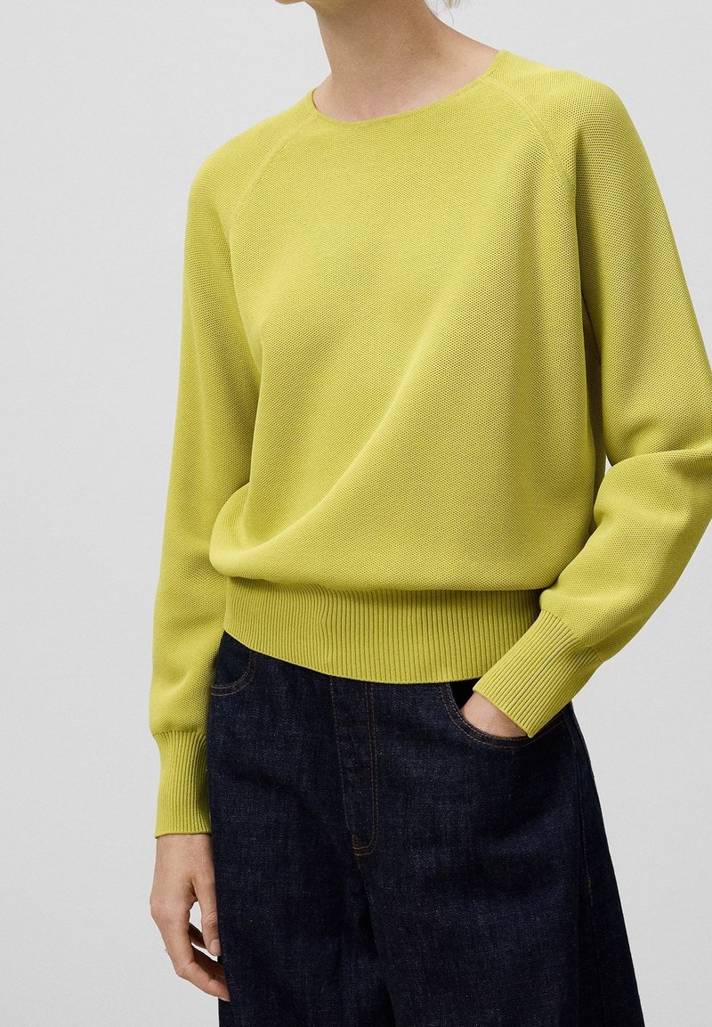 Personne portant un pull en maille texturé vert clair avec des poignets et un bas côtelés, associé à un jean bleu foncé, main dans la poche.