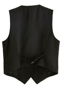 Czarny kamizelka bez rękawów o gładkiej fakturze, z kokardą z tyłu i wyraźnymi krawędziami. Dopasowany krój z minimalistycznym designem.