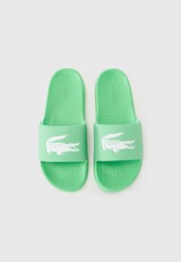 Pair of mint green slide sandals with textured footbeds and white crocodile logos on the wide straps, laid flat on a white background.
