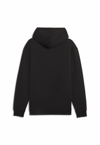 Sudadera con capucha negra de textura suave, puños y dobladillo acanalados. Presenta una capucha grande y espaciosa y un diseño minimalista.