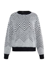 Maglione in maglia morbida con motivo a zigzag in bianco e nero, dotato di orlo e polsini a coste neri. Collo a giro, maniche lunghe.
