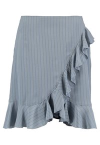 Ljusblå, randig omslagskjol med volangkant och sidodetalj. Tillverkad av mjukt tyg med en flödande textur.