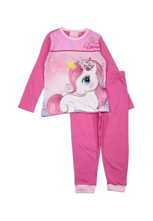 Ensemble de pyjama rose comprenant un haut à manches longues avec un graphique de licorne, des détails de couronne et un pantalon assorti avec des chevilles resserrées. Matière en coton doux.