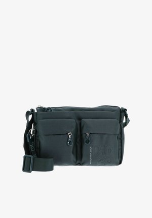 Dark gray crossbody bag made from textured fabric, featuring two zippered front pockets, adjustable strap, and embossed logo detail.
