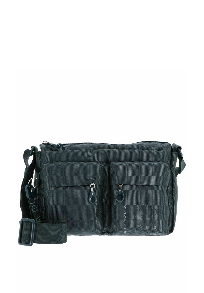 Borsa a tracolla grigio scuro realizzata in tessuto texturizzato, dotata di due tasche frontali con zip, tracolla regolabile e dettaglio con logo in rilievo.