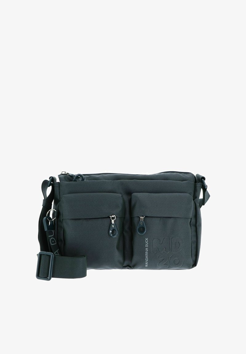 Borsa a tracolla grigio scuro realizzata in tessuto texturizzato, dotata di due tasche frontali con zip, tracolla regolabile e dettaglio con logo in rilievo.