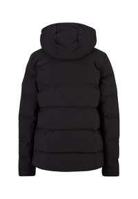 Schwarze Pufferjacke mit Kapuze, gesteppter Musterung und elastischen Bündchen. Glatte Oberfläche mit minimalem Branding in einem eleganten Design.