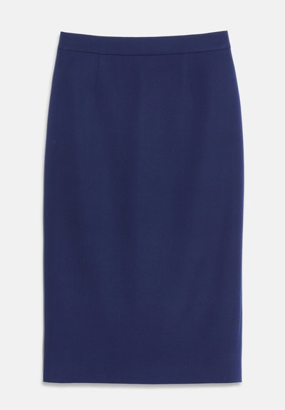 Jupe crayon droite bleu marine avec une taille haute et un design avant épuré et sans couture sur fond blanc.