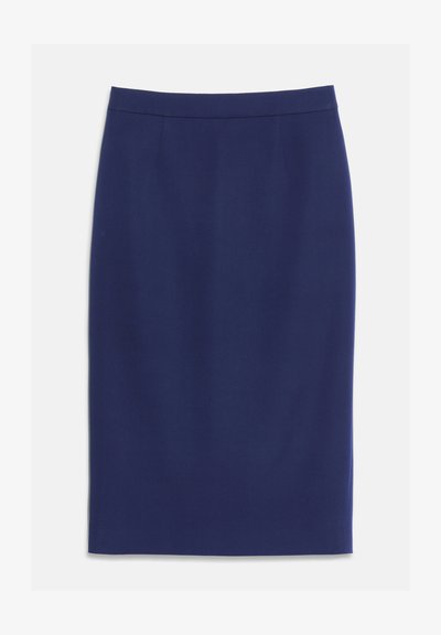 Jupe crayon droite bleu marine avec une taille haute et un design avant épuré et sans couture sur fond blanc.
