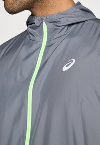 Ελαφρύ γκρι αθλητικό μπουφάν με κουκούλα, με φωτεινό πράσινο φερμουάρ, λεία υφή και λευκό λογότυπο στο στήθος.