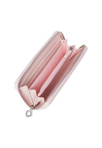Portafoglio rosa con cerniera, dalla superficie liscia, dotato di più slot per carte e di un compartimento centrale con zip. L'interno è foderato in morbido tessuto.