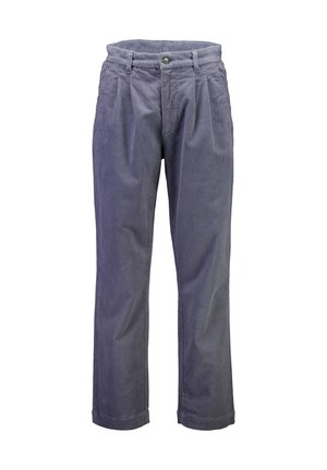 Herrengraue Cordhose mit Knopf- und Reißverschluss, Gürtelschlaufen und vorderen Falten, vor weißem Hintergrund gezeigt.