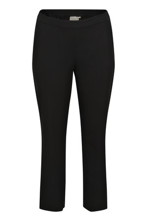 Black stretch pants with an elastic waistband, featuring a straight leg design and a smooth texture. No visible pockets or patterns.