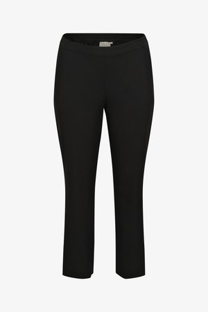 Black stretch pants with an elastic waistband, featuring a straight leg design and a smooth texture. No visible pockets or patterns.