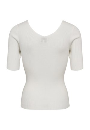 Bílý žebrovaný krátký rukáv z pleteniny s přiléhavým pasem a hlubokým výstřihem do V.