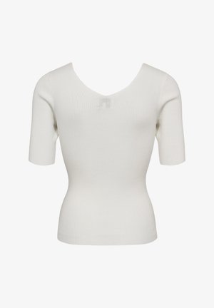 Bílý žebrovaný krátký rukáv z pleteniny s přiléhavým pasem a hlubokým výstřihem do V.