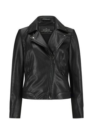 Schwarze Leder-Bikerjacke mit asymmetrischem Frontreißverschluss, Reißverschlusstaschen an den Seiten und Kragen mit Druckknopf.