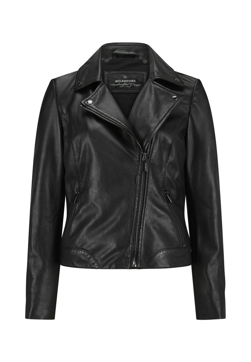 Schwarze Leder-Bikerjacke mit asymmetrischem Frontreißverschluss, Reißverschlusstaschen an den Seiten und Kragen mit Druckknopf.