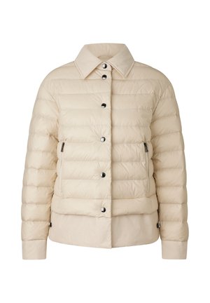 Beige puffer jacket with a collared neck, snap buttons, and zippered side pockets. Features horizontal quilted pattern and soft texture.