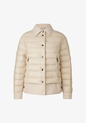 Beige puffer jacket with a collared neck, snap buttons, and zippered side pockets. Features horizontal quilted pattern and soft texture.