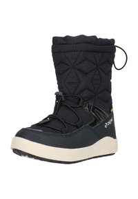 Marinblå vattentät vinterkänga med quiltat mönster, elastisk dragsnodd, snörning framtill och vit gummisula.