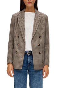 Doppelte Blazer in einem braunen Karomuster aus strukturiertem Stoff, mit großen Knöpfen, spitzen Revers und fallenden Schultern.