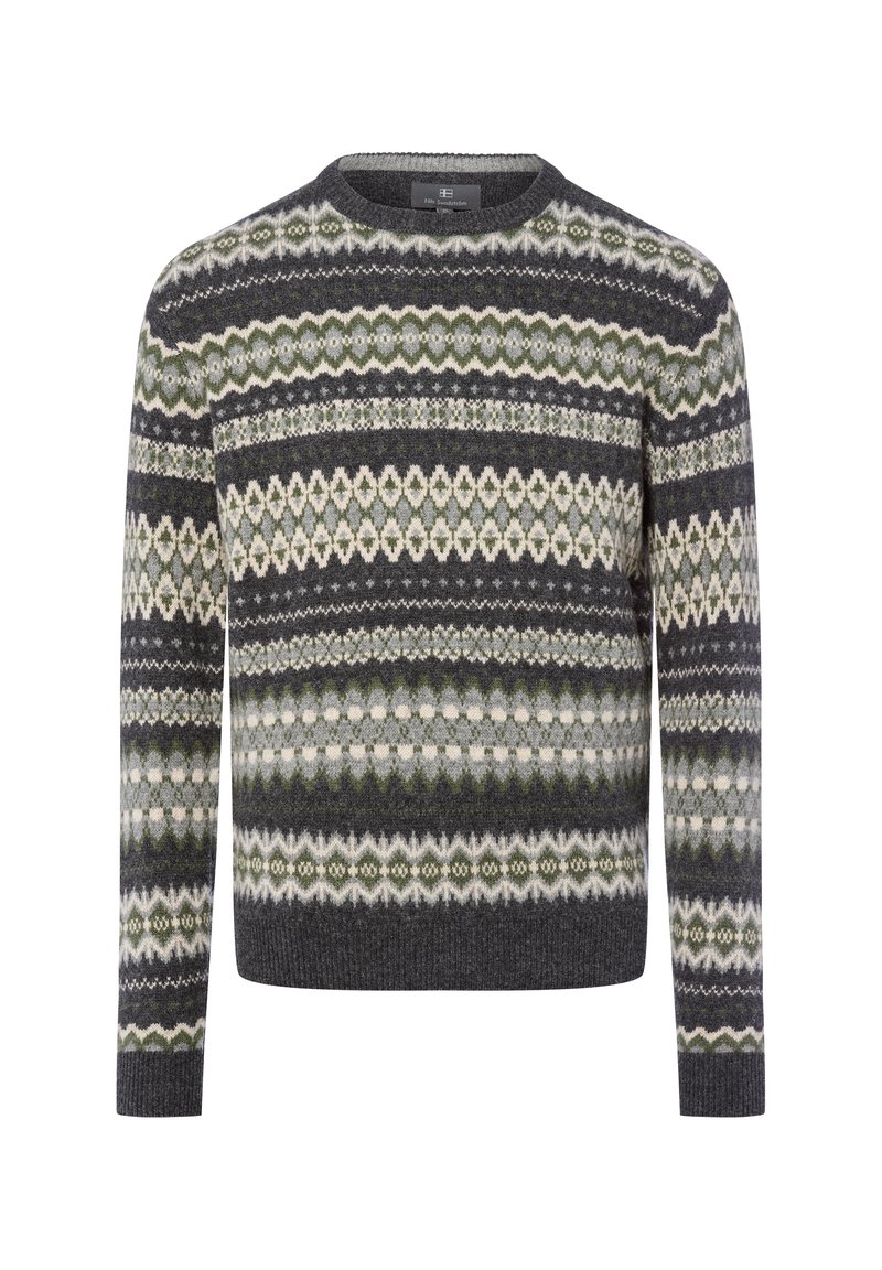 Gestickter Pullover in Dunkelgrau mit grünen und weißen geometrischen Mustern. Verfügt über einen runden Ausschnitt sowie gerippte Bündchen und Saum.