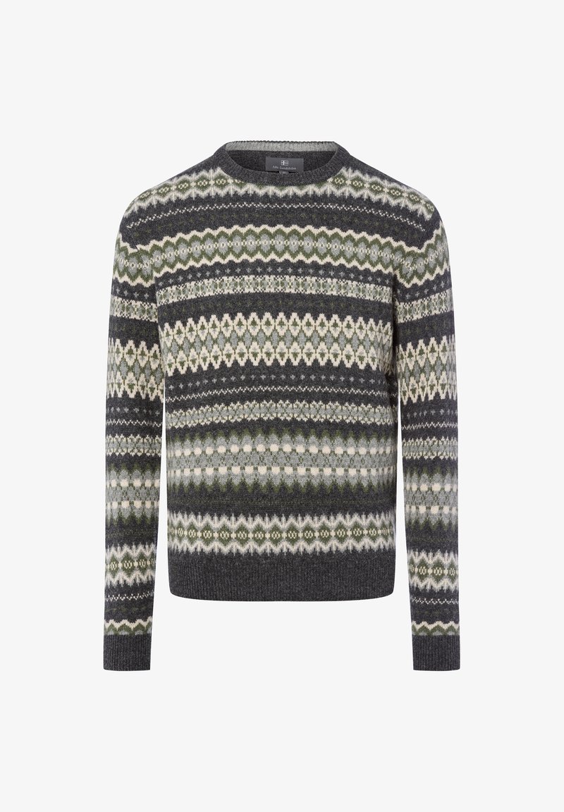 Gebreide trui in donkergrijs met groene en witte geometrische patronen. Heeft een ronde halslijn en geribbelde manchetten en zoom.