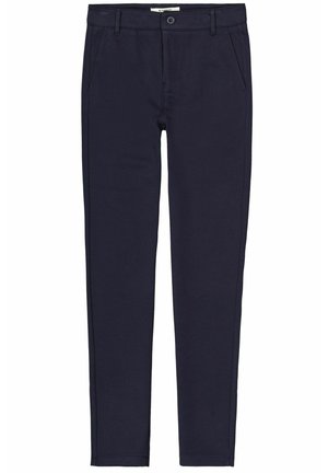 Pantaloni blu navy realizzati in un morbido misto cotone, con un design aderente, tasche frontali e una chiusura con bottone singolo in vita.