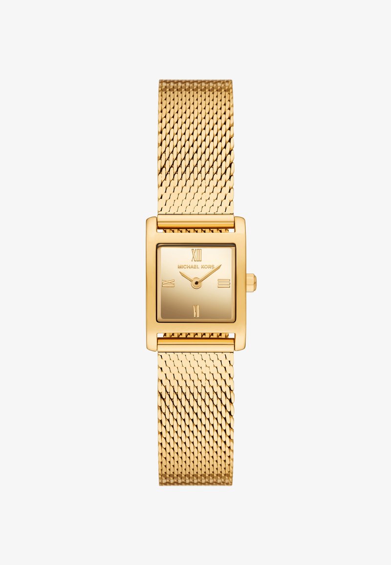 Montre-bracelet Michael Kors ton or avec cadran carré, chiffres romains à 12, 3, 6, 9 et bracelet en métal maille.
