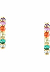 Guld hoop øreringe med en række af multifarvede runde sten: lilla, pink, orange, grøn, gul og klar, med kraveindstillinger.
