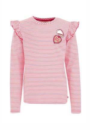 Long-sleeve shirt in pink and white stripes, featuring ruffled shoulder accents and embroidered heart patches. Soft cotton material.