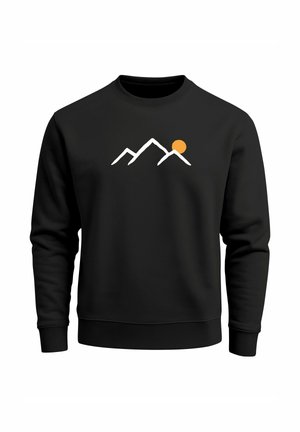 Schwarzer Sweatshirt mit einem weißen Gebirgsdesign und einer orangefarbenen Sonne auf der Vorderseite. Hergestellt aus weichem Stoff mit rundem Halsausschnitt.