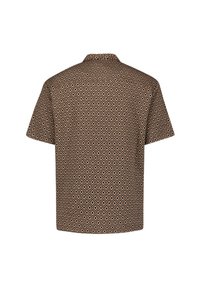 Korte mouwen shirt in een bruine geometrische patroon met diamantvormen, met een relaxte pasvorm en een gladde stofstructuur.