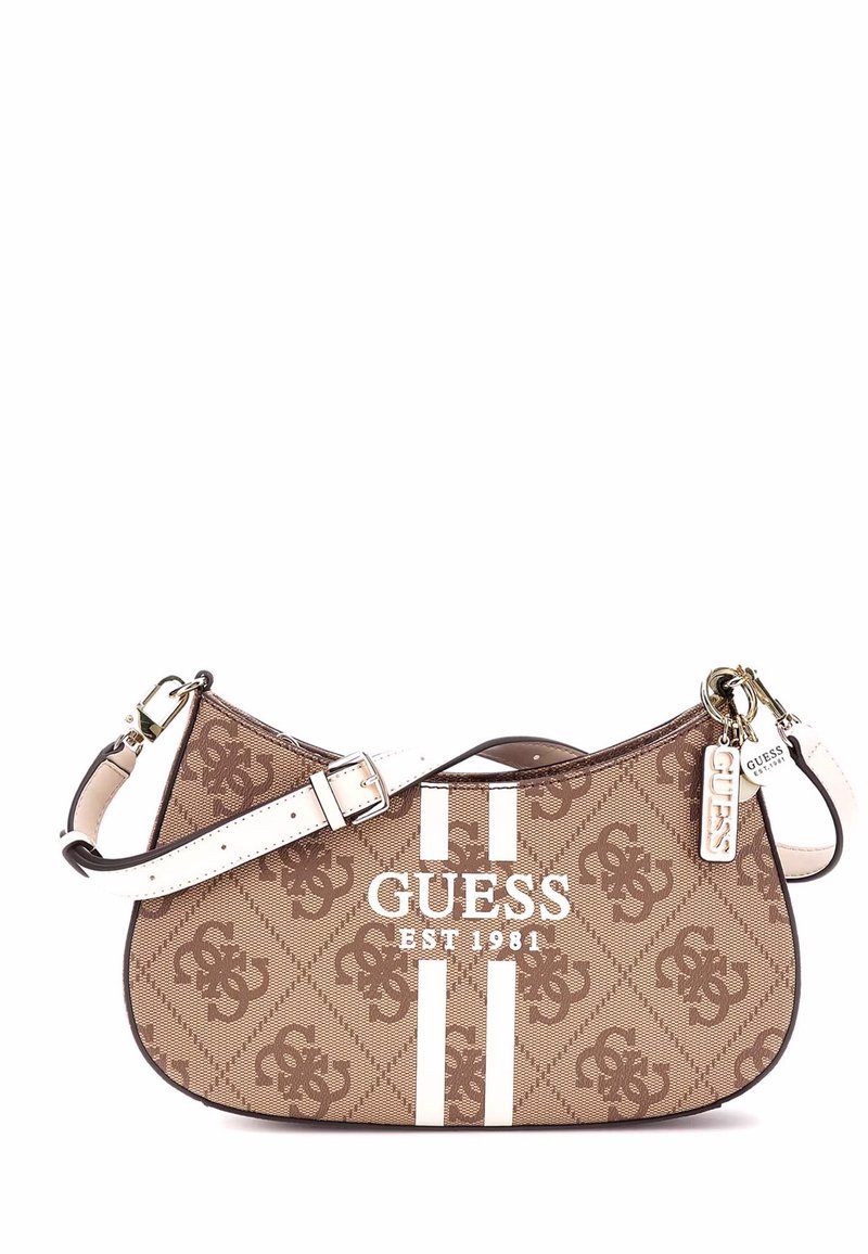 Borsa a tracolla marrone con motivo, realizzata in materiale sintetico con strisce bianche e logo. Presenta una forma curva e una tracolla regolabile.