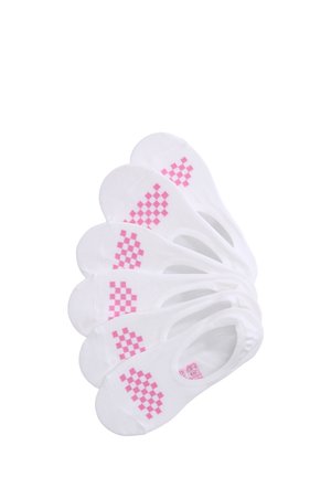 Set di sei calzini invisibili bianchi con motivo a quadretti rosa vicino alle dita, disposti a ventaglio su sfondo bianco.