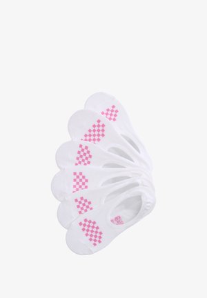 Set di sei calzini invisibili bianchi con motivo a quadretti rosa vicino alle dita, disposti a ventaglio su sfondo bianco.