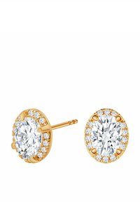 Złote kolczyki wkręty z dużymi, przezroczystymi, owalnymi kamieniami otoczonymi mniejszymi, błyszczącymi kryształkami. Polerowane wykończenie z eleganckim projektem sztyftu.
