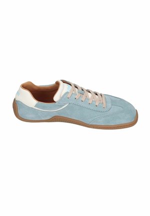 Light blue suede sneaker with beige laces, white heel detail, and a light brown rubber sole, shown in a side view on a white background.
